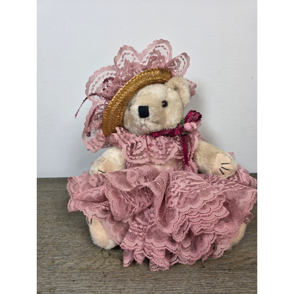 Bearly People Teddy Bear Pink Mauve Lace Dress Straw Hat Pearl Accents 9"